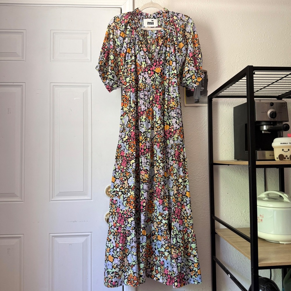 MII COLLECTION multicolor floral ditsy cotton puff sleeve tiered midi maxi dress